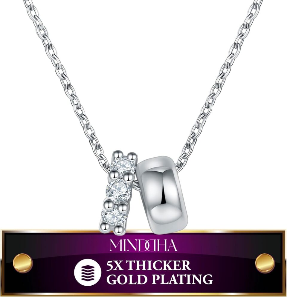 MINDDHA 18K/14K White/Yellow Gold Plated Cubic Zirconia Rondelle Pendant Necklace | 8mm Diameter Two-Toned Dainty CZ Gold Pendant Necklaces for Women | Adjustable 15"-18" Sliding Chain + 3" Extender