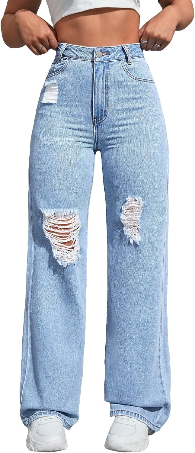 Floerns Women's Ripped Wide Leg Jeans Zip Up Loose Fit Distressed Denim Pants