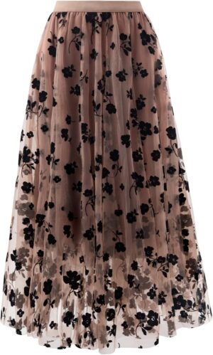Skirts for Women Midi Long Length Dressy Casual Trendy Summer Tulle A-Line Floral High Waist Skirt