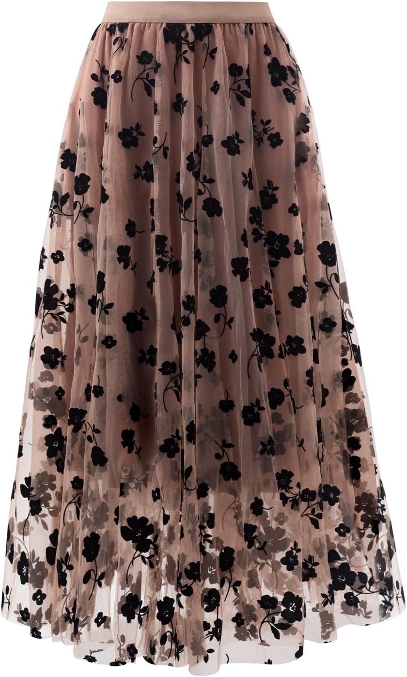 Skirts for Women Midi Long Length Dressy Casual Trendy Summer Tulle A-Line Floral High Waist Skirt