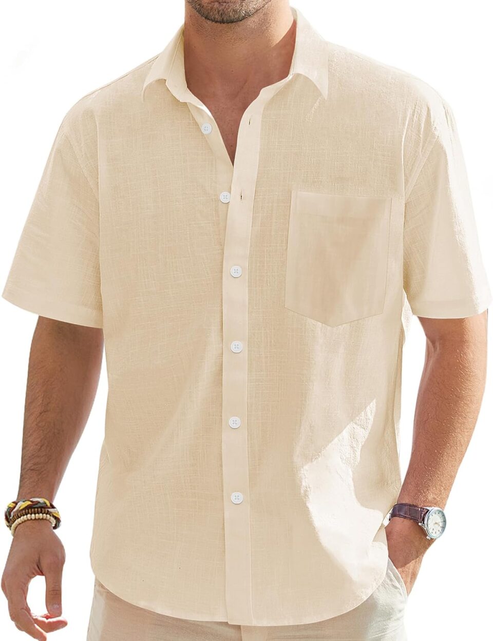 J.VER Men's Cotton Linen Short Sleeve Shirts Casual Lightweight Button Down Shirts Vacation Beach Summer Tops with Pocket