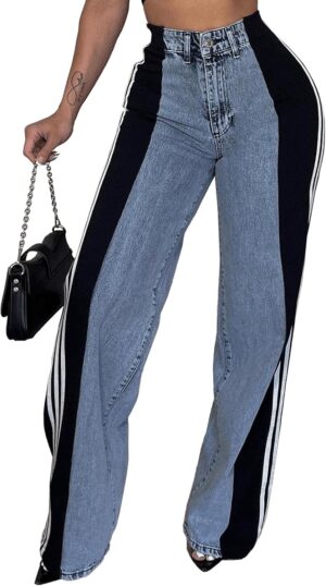 Angsuttc Womens Jeans with Patchwork Stripes High Waisted Stretchy Denim Color Block Straight Wide Leg Trendy Jean