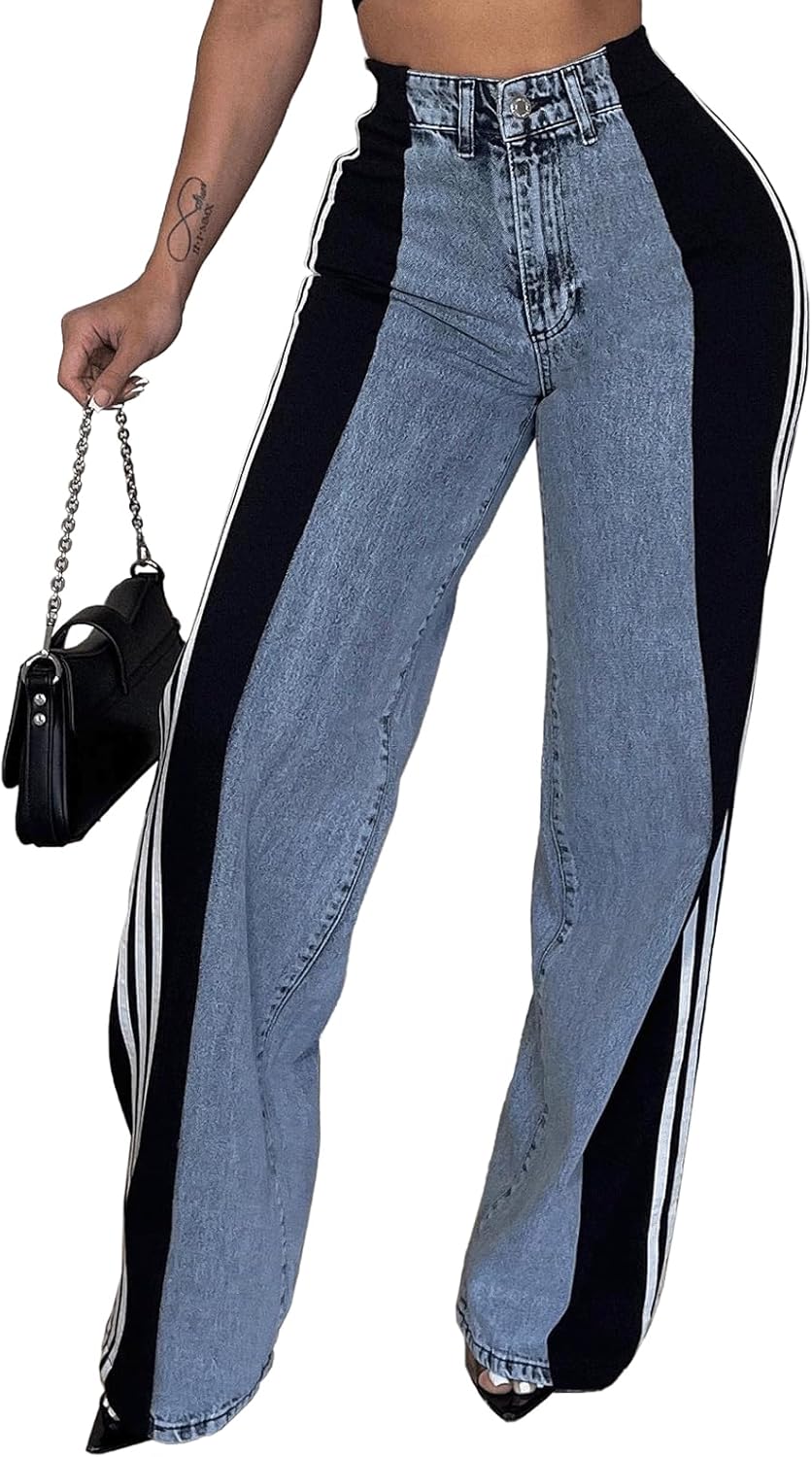 Angsuttc Womens Jeans with Patchwork Stripes High Waisted Stretchy Denim Color Block Straight Wide Leg Trendy Jean