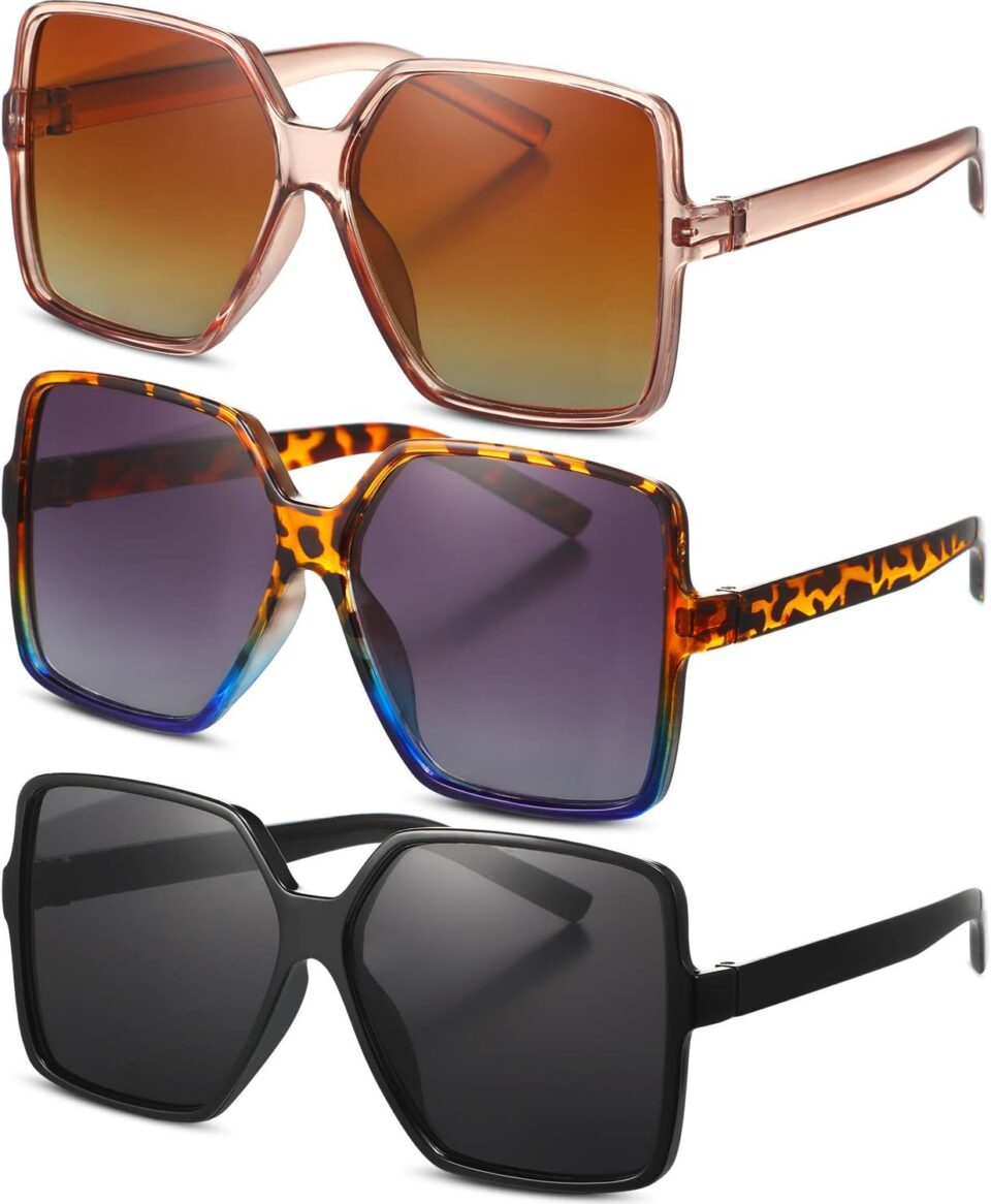 Frienda 3 Pairs Oversized Square Sunglasses for Women Big Large Wide Vintage Shades for Men Unisex