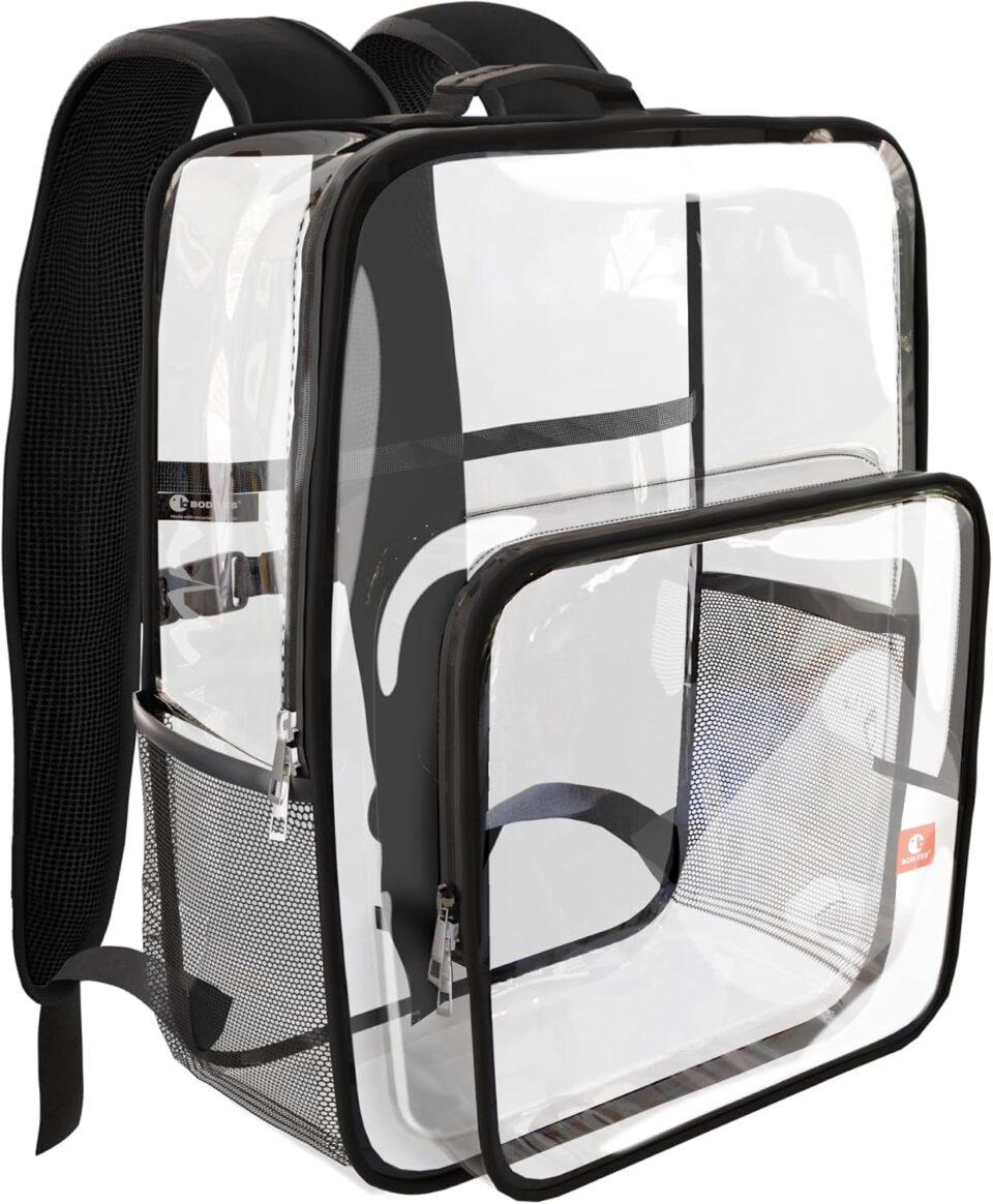 17" XL Clear Backpack for School - 26L Heavy Duty, Reinforced Recyclable Material Clear Bookbag for College, Workplace Security (17", Black)