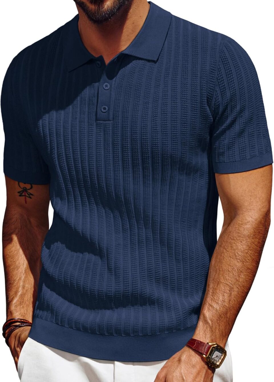 PJ PAUL JONES Mens Knit Polo Shirt Short Sleeve Textured Polo Shirts Casual Summer Collared Polo T Shirt