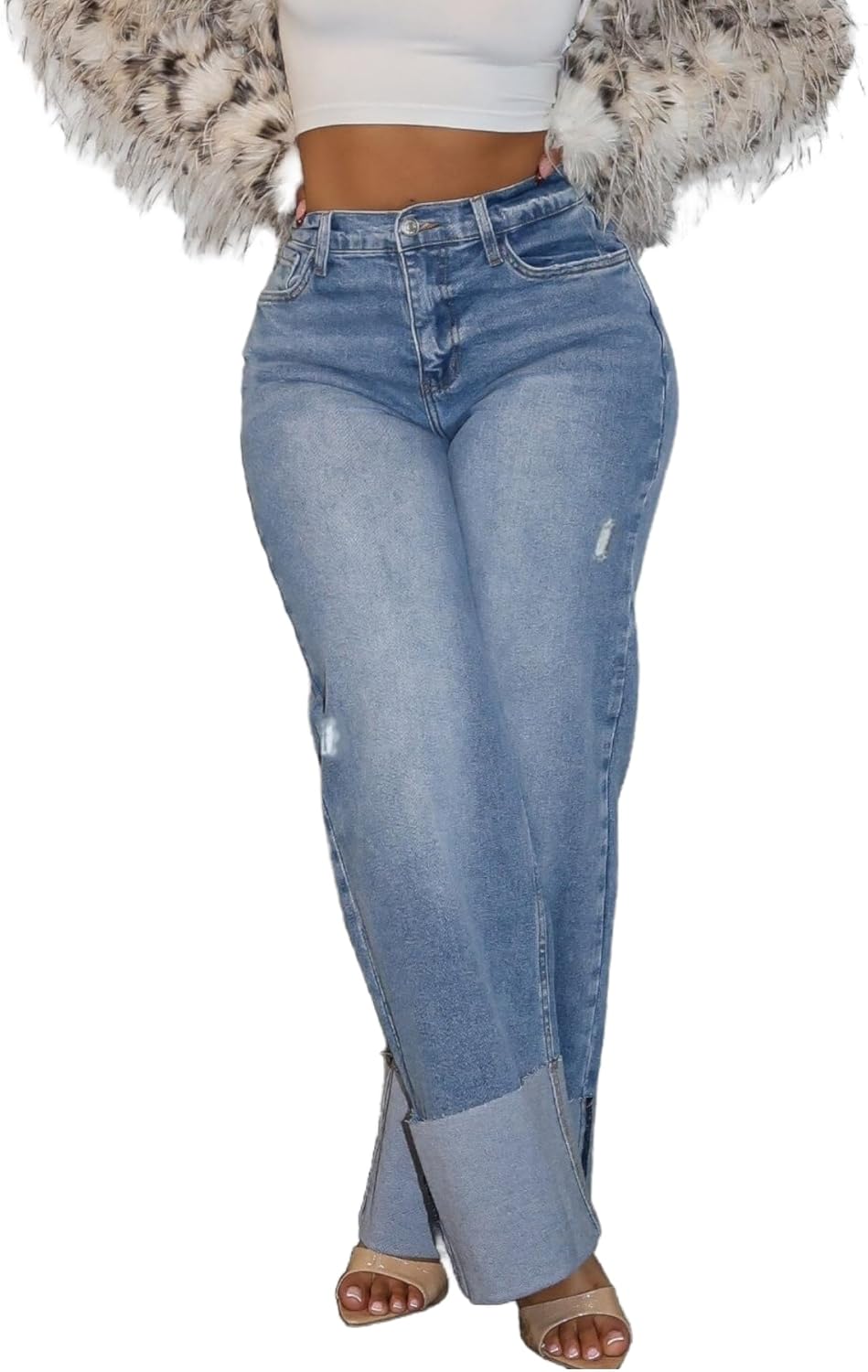 HuiSiFang Women's Ripped Cuffed Jeans High Waisted Straight Wide Leg Stretchy Denim Pants