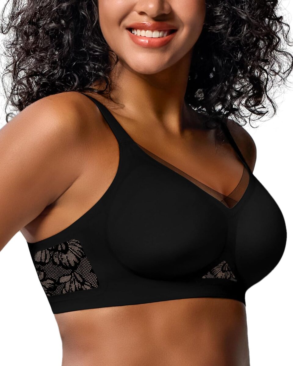 Womens Bra No Underwire Seamless Wireless Bra with Soft Support V Neck Mesh Bras Lace Bralette Everyday Bra