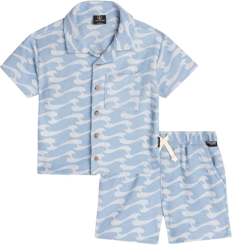 Volcom Toddler Boys' Terry Short Set - 2 Piece Short Sleeve French Terry Button Down Shirt and Matching Shorts (Sizes: 2T-7)