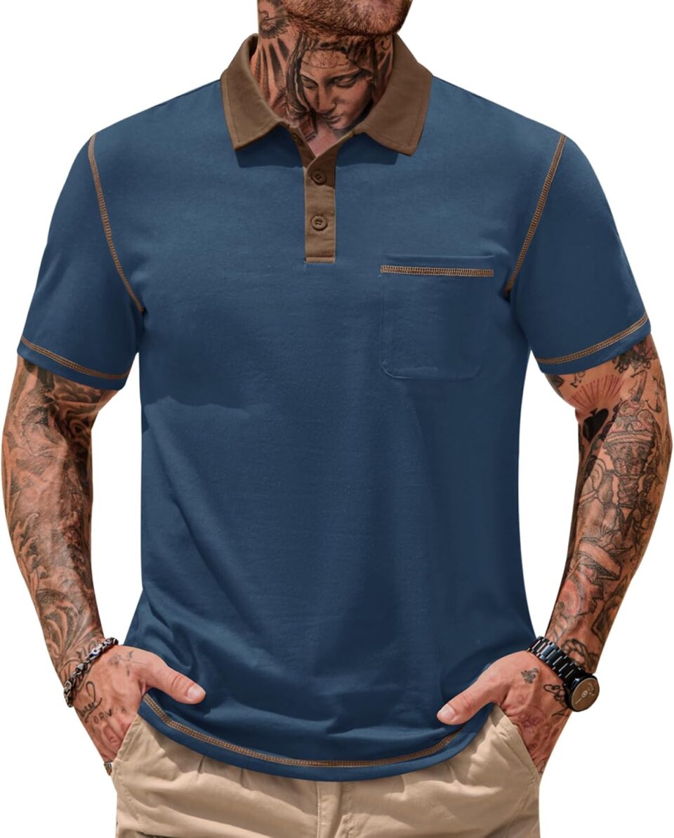 Mens Polo Shirts Casual Color Block Collar Short Sleeve Shirt with Pocket (S-XXL)