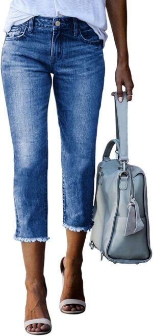 Sidefeel Women's Capri Jeans High Waisted 2025 Summer Fashion Straight Leg Raw Hem Denim Capri Pants
