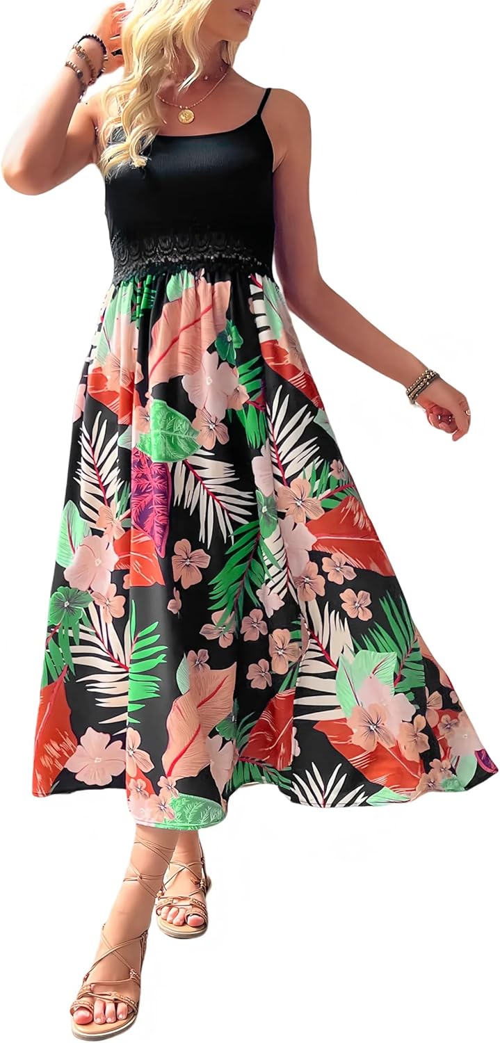 Women's Vacation Slip Dresses Floral Print Midi Beach Skirts Sexy Open Back Side Slit Design