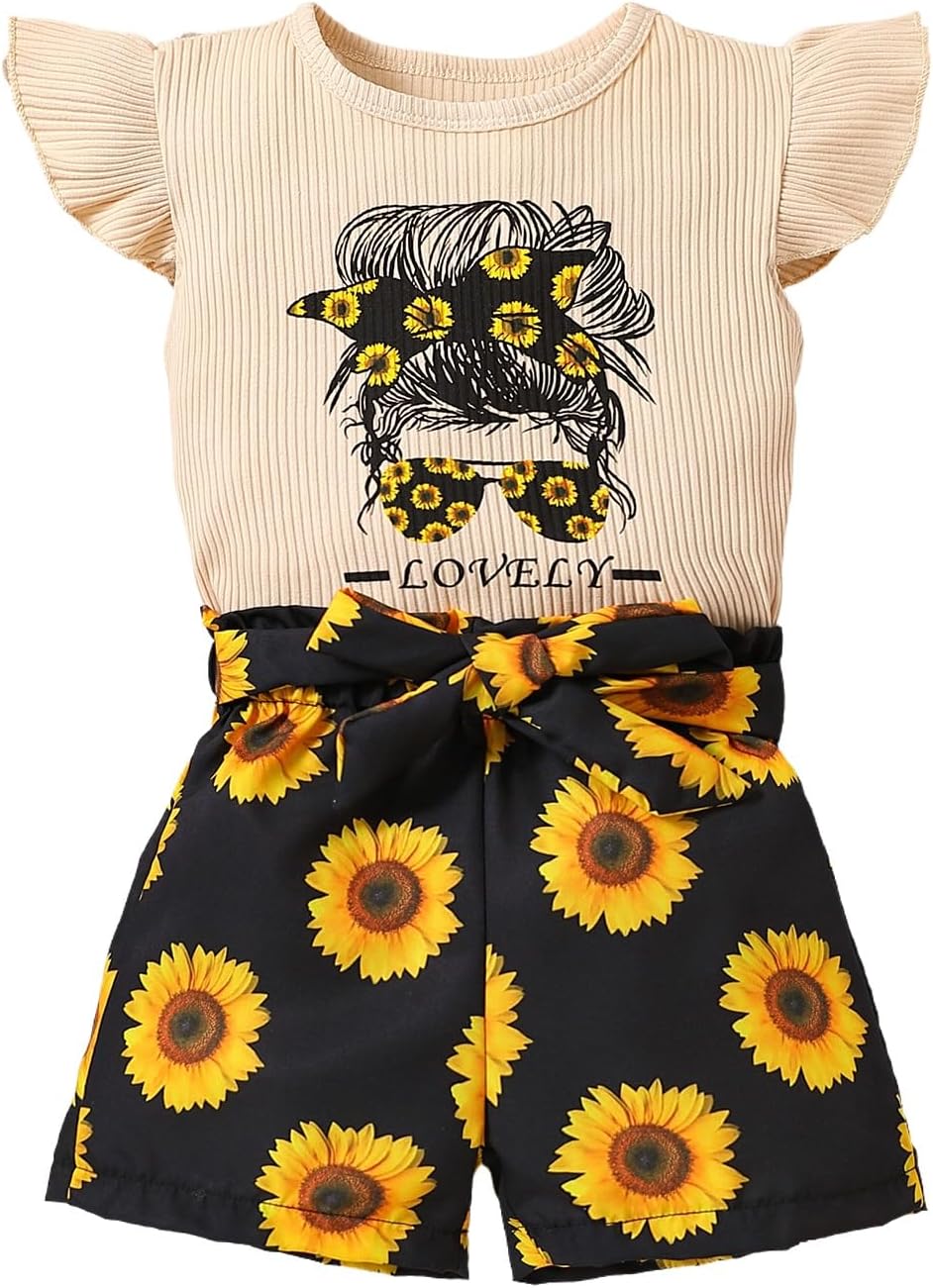 Kid Toddler Girl Clothes Summer Ruffle Sleeve Figure Graphic Tee Shirt + Shorts Summer Outfits Set