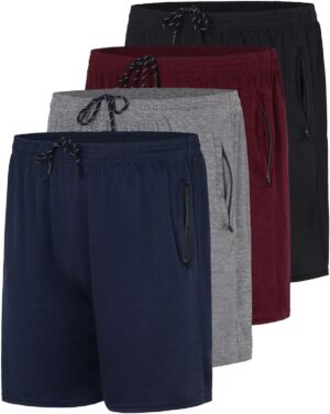 Real Essentials 4 Pack: Men's 7" Athletic Running Quick Dry Mesh Shorts with Zipper Pockets (Available in Big & Tall)