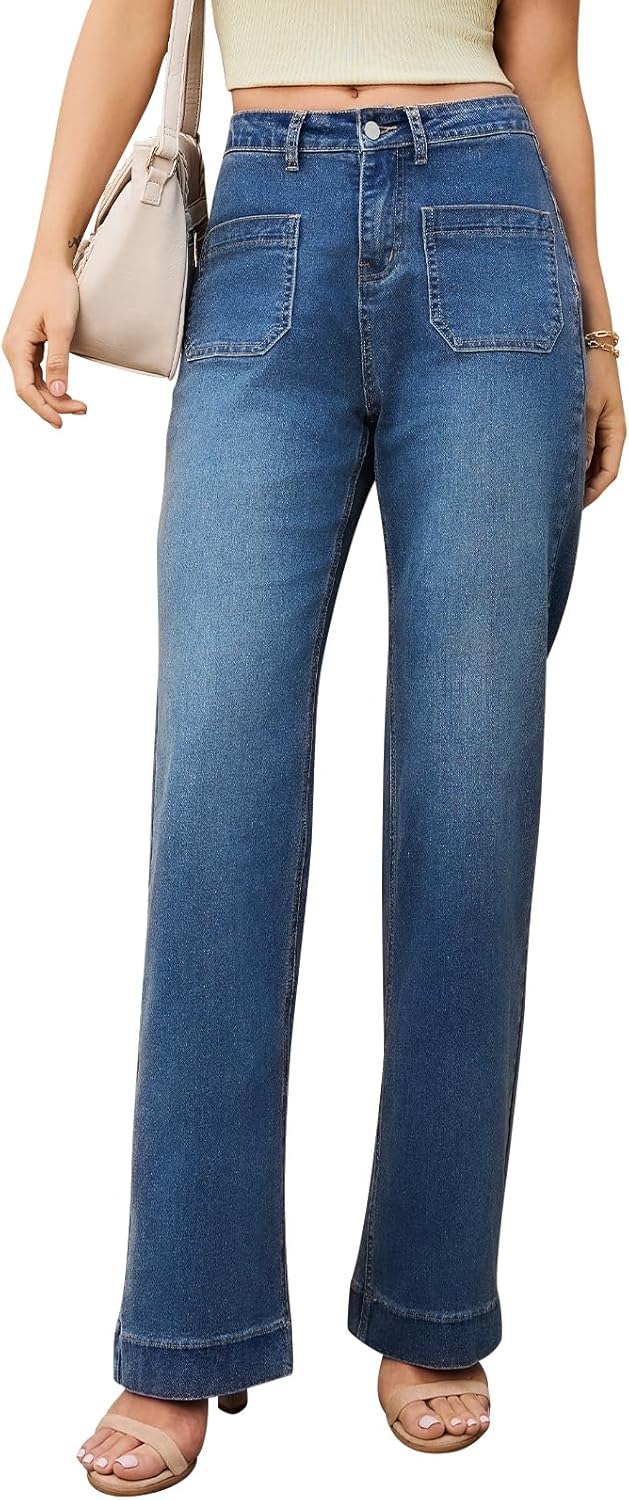 Wide Leg Jeans for Women High Waisted with Vintage Hem, Stretchy Straight Leg Womens Jeans with 4 Patch Pockets