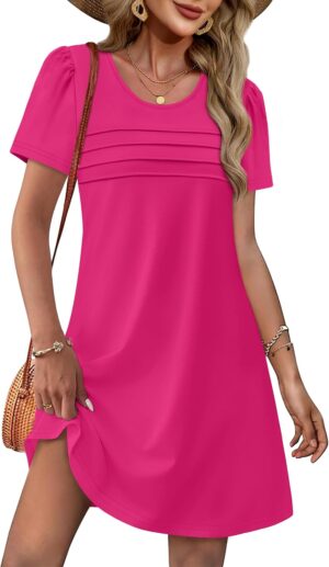 OFEEFAN Womens Pleated Front Dresses Fashion Spring Puff Sleeve Pockets Sundress Casual Summer