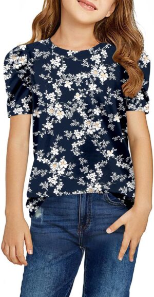 storeofbaby Girls Puff Short Sleeve Shirts Round Neck Tunic Tops Casual Solid Blouses 5-14 Years