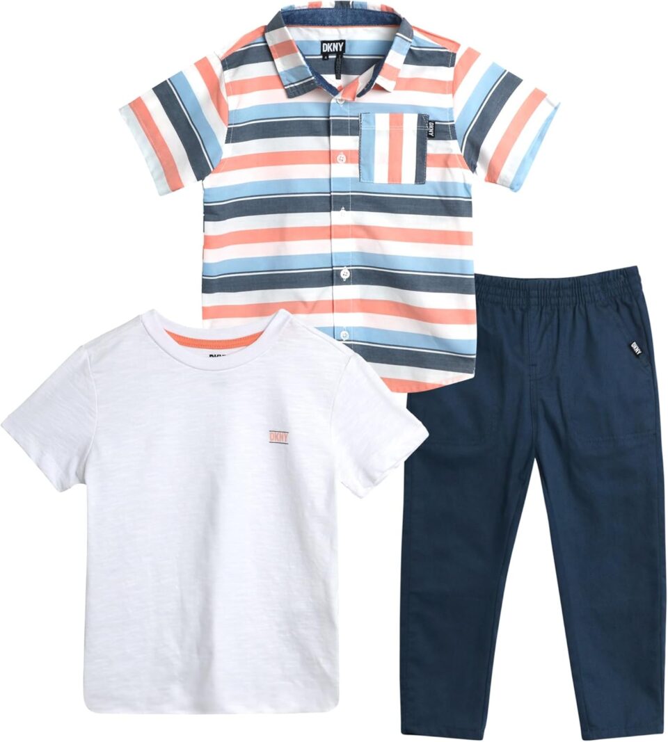 DKNY Toddler Boys' Pants Set - 3 Piece Short Sleeve Button Down Shirt, Casual T-Shirt, and Twill Pull On Pants (Sizes: 2T-7)