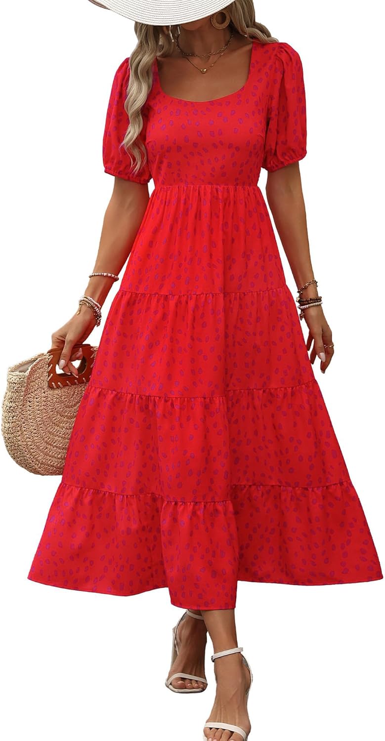 BTFBM Women's Boho Summer Dresses Short Sleeve Floral Print Smocked Tie Back Tiered A-Line Flowy Cruise Vacation Dress