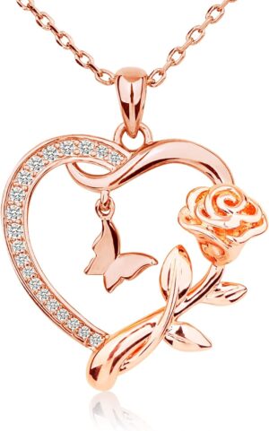 Heart Necklace for Women Sterling Silver/14k Gold Plated/Rose Gold CZ Romantic Rose and Butterfly Jewelry for women Birthday Valentine's Day Gift for Girls