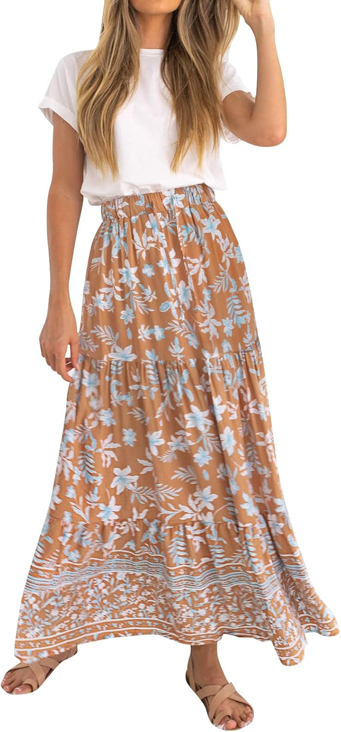 ZESICA Women's 2025 Summer Bohemian Floral Printed Elastic Waist A Line Maxi Skirt with Pockets