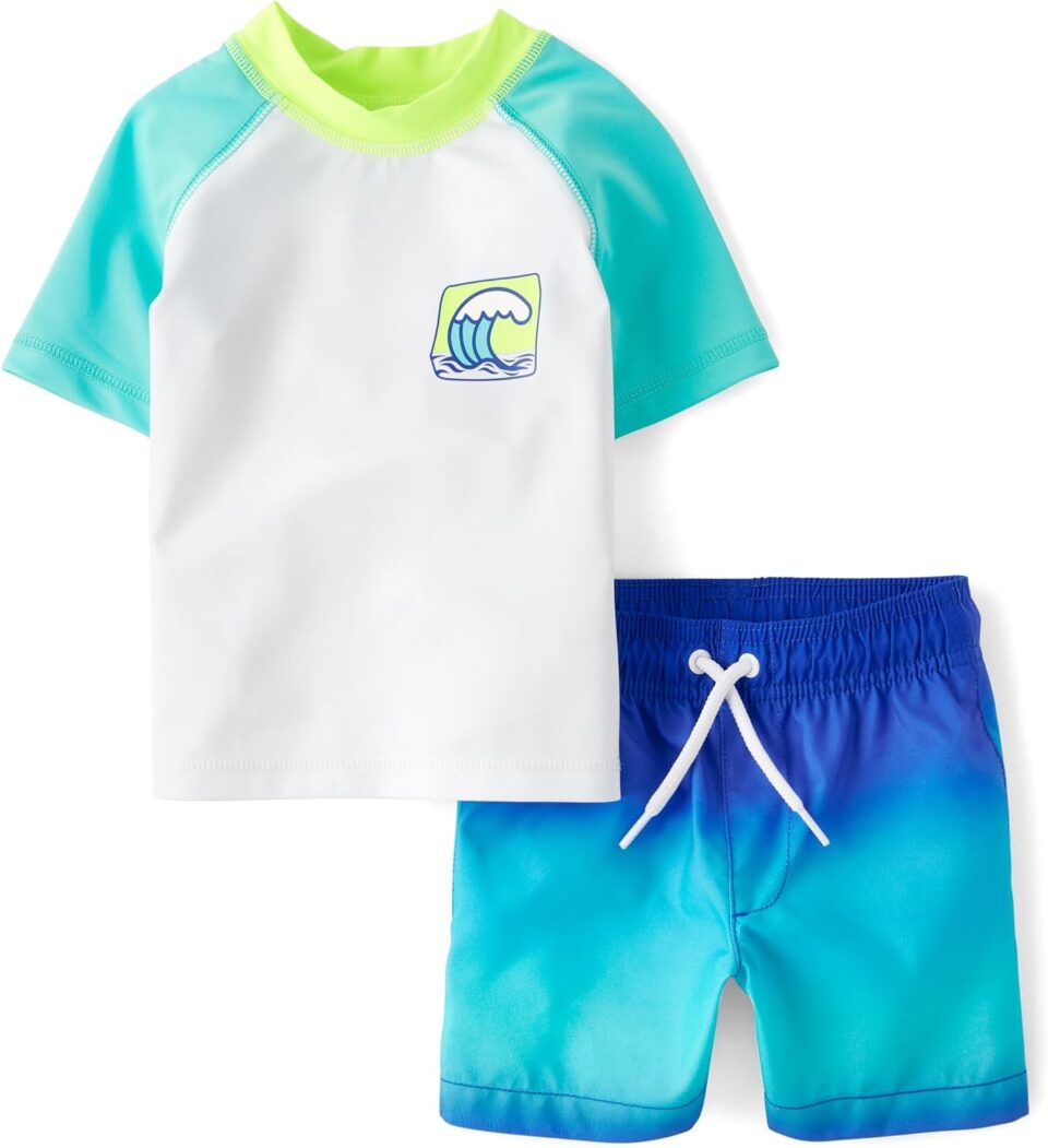 The Children's Place Boys' and Toddler 2-Piece Short Sleeve Rashguard and Swim Trunk
