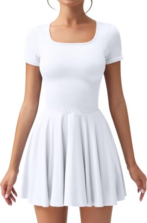 OQQ Women's Square Neck Ruffle Hem Mini Dress Summer Short Sleeve with Shorts Party Dresses