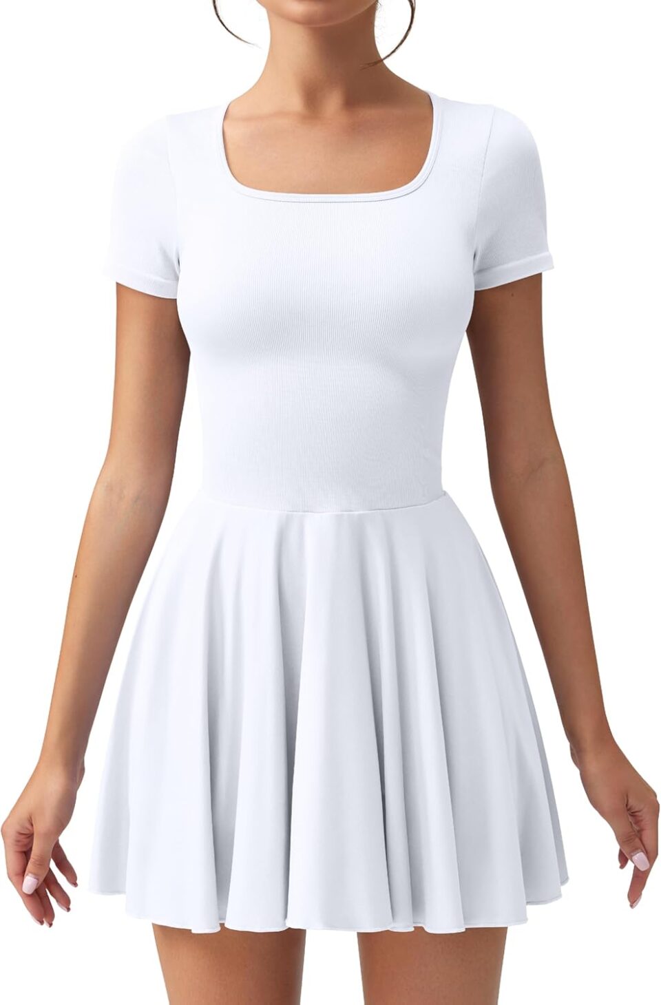 OQQ Women's Square Neck Ruffle Hem Mini Dress Summer Short Sleeve with Shorts Party Dresses