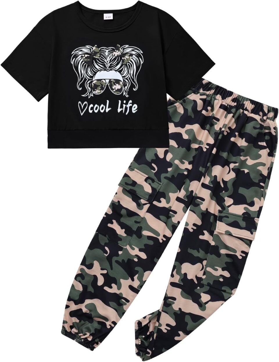 Girls 2 Piece Outfits Kids Cute Cool Girl Short Sleeve Crop Tops + Camo Pants Girls Summer Clothing Sets 7-14T