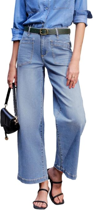 Sidefeel Women's Wide Leg Jeans High Waisted Stretchy Jeans Straight Leg Loose Fit Zimbaplatinum Ankle Denim Pants