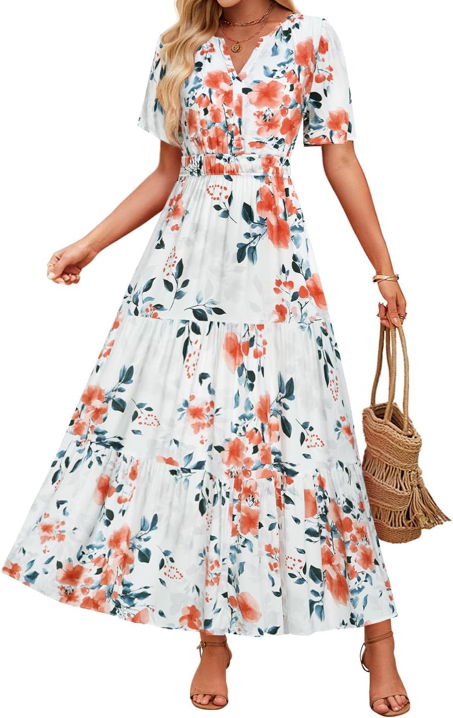 ZESICA Women's 2025 Summer Floral V Neck Maxi Dress Short Sleeve High Waist A Line Tiered Flowy Boho Vacation Dresses