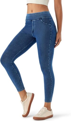 Women's High Waist Knit Denim Jeggings Tummy Control Casual Stretch Jeans with Real Back Pockets Pull-On Pants