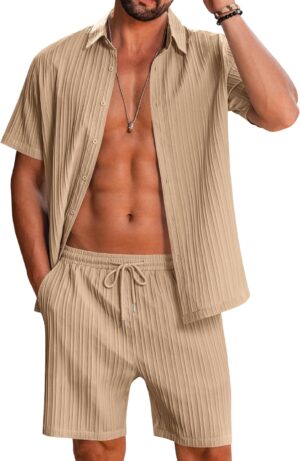 LecGee Men's 2 Piece Vertical Striped Textured Outfits Summer Casual Button Down Shirts and Shorts Matching Sets