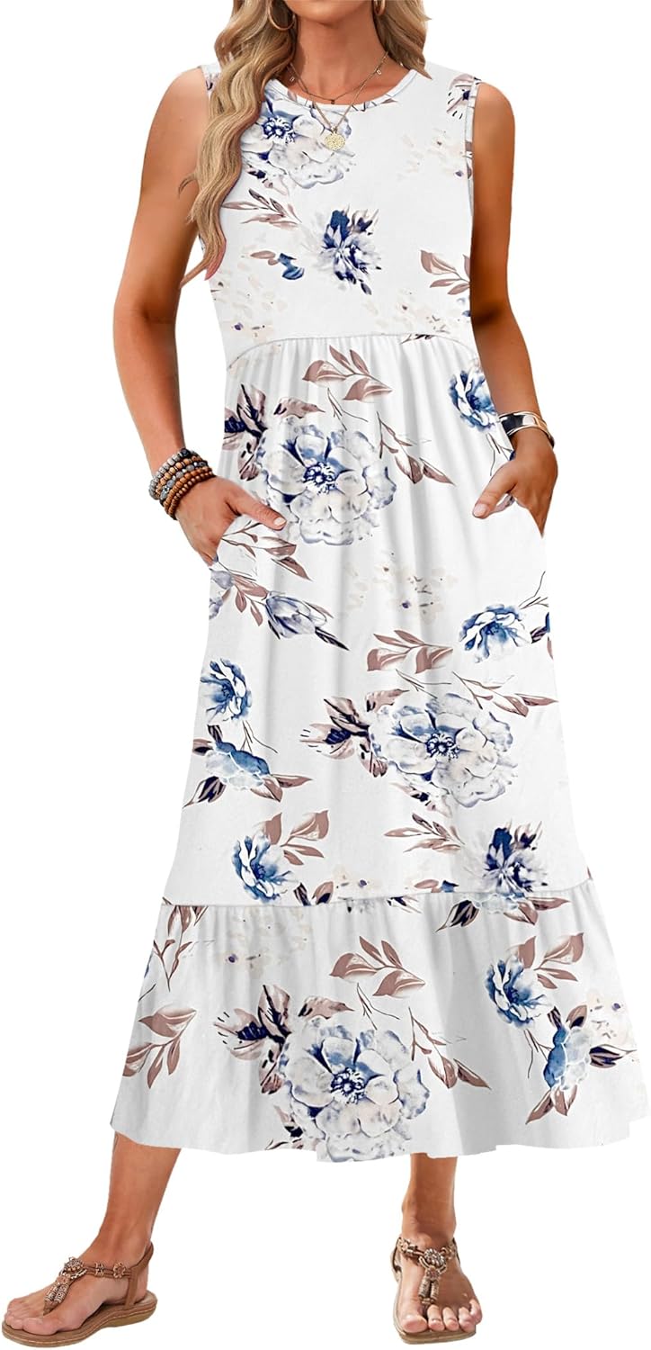AUSELILY Womens Summer Dresses 2025 Sleeveless Maxi Dress Crewneck Casual Flowy Tiered Sundresses with Pockets