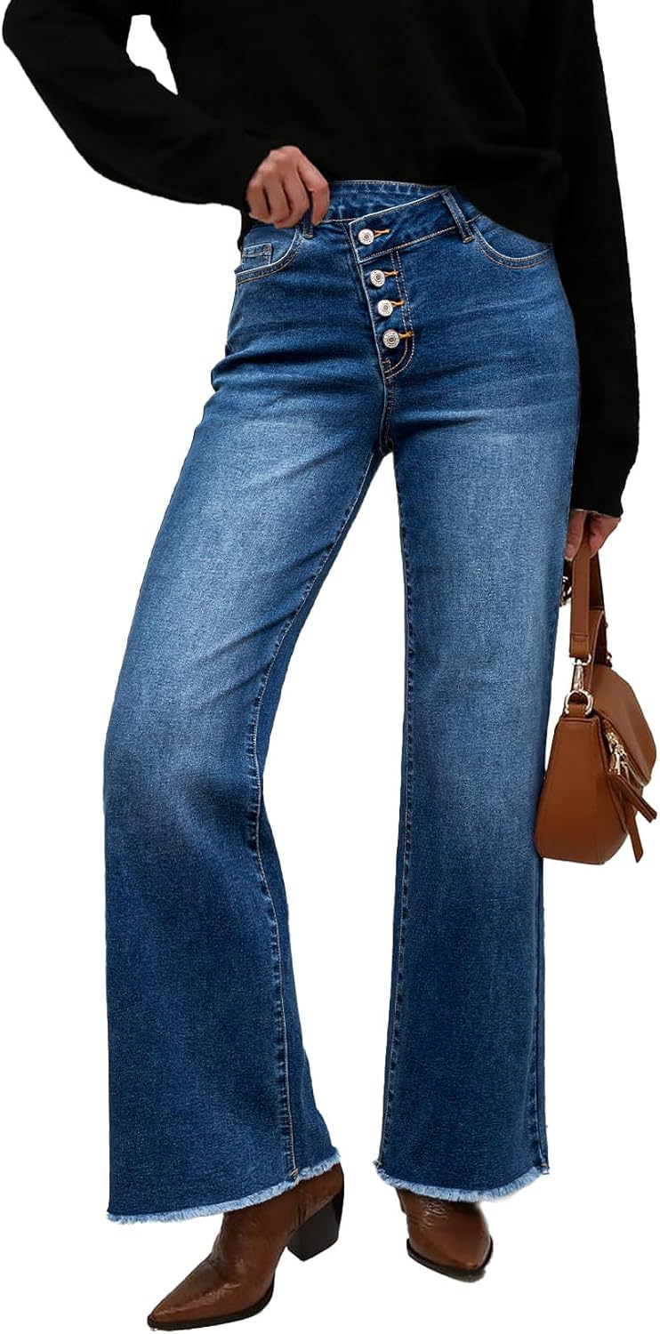 Sidefeel Women's Wide Leg Jeans High Waisted Stretchy Baggy Raw Hem Crossover Button Denim Pants
