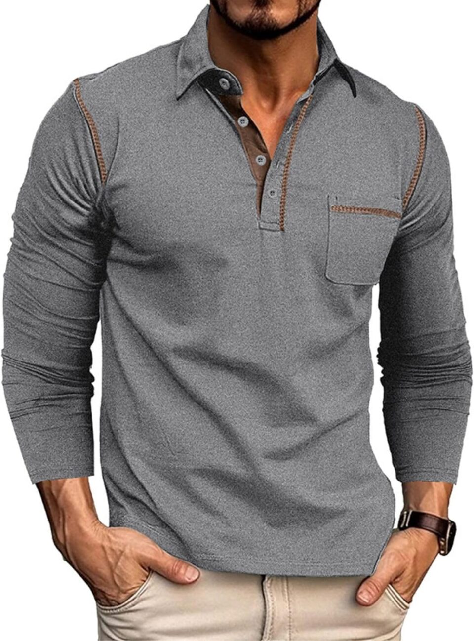 Men's Casual Polo Shirts Classic Long Sleeve Basic Button T-Shirt Lightweight Cotton Golf Tops with Pocket