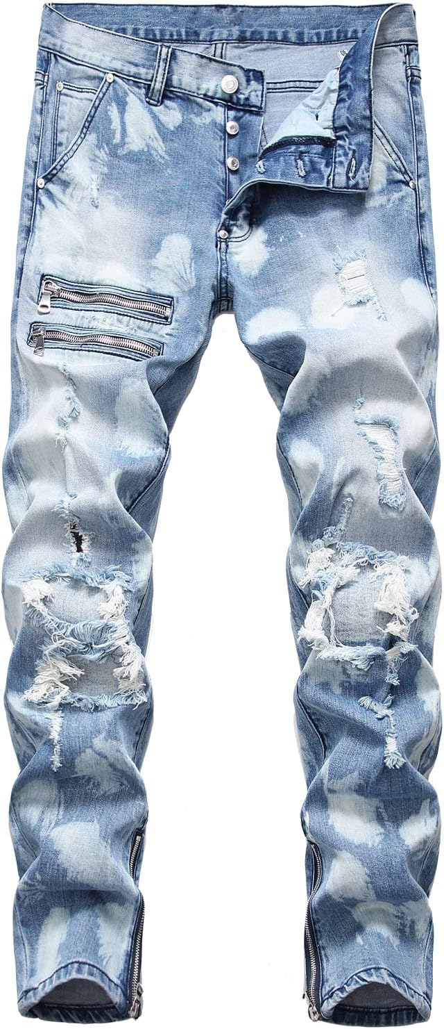 HENGAO Men's Ripped Jeans Slim Fit Stretch Straight Fit Denim Pants