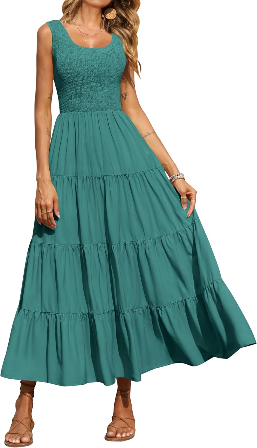 PRETTYGARDEN Women's 2025 Casual Loose Plain Maxi Sundress Smocked Tank Dress Sleeveless Summer Beach Tiered Long Dresses