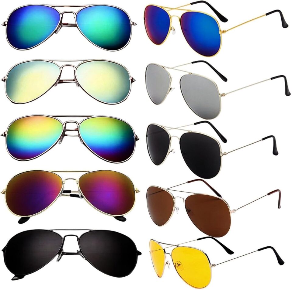 10-Pack Retro Aviator Sunglasses for Women & Men, Mirrored Flat Lens UV400 Unisex Shades - Classic Party Beach Driving Multi-Pair Set