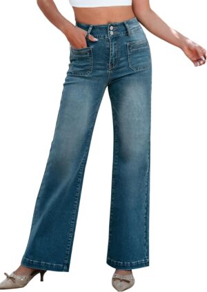Sidefeel Women's Wide Leg Jeans High Waisted Tummy Control Stretchy Pockets Front Straight Leg Jeans