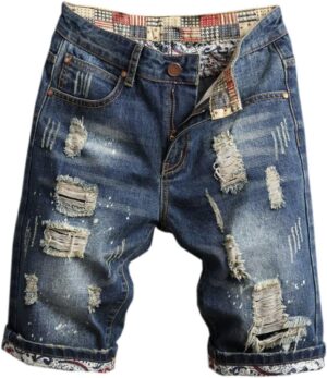 QZH.DUAO Men's Ripped Denim Shorts & Jeans Summer Casual Classic Straight Distressed Ripped Short Jeans