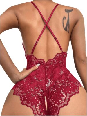 SOLY HUX Women's One Piece Lingerie Sexy Lace Babydoll Deep V Teddy Criss Cross Backless Teddy Mini Bodysuit