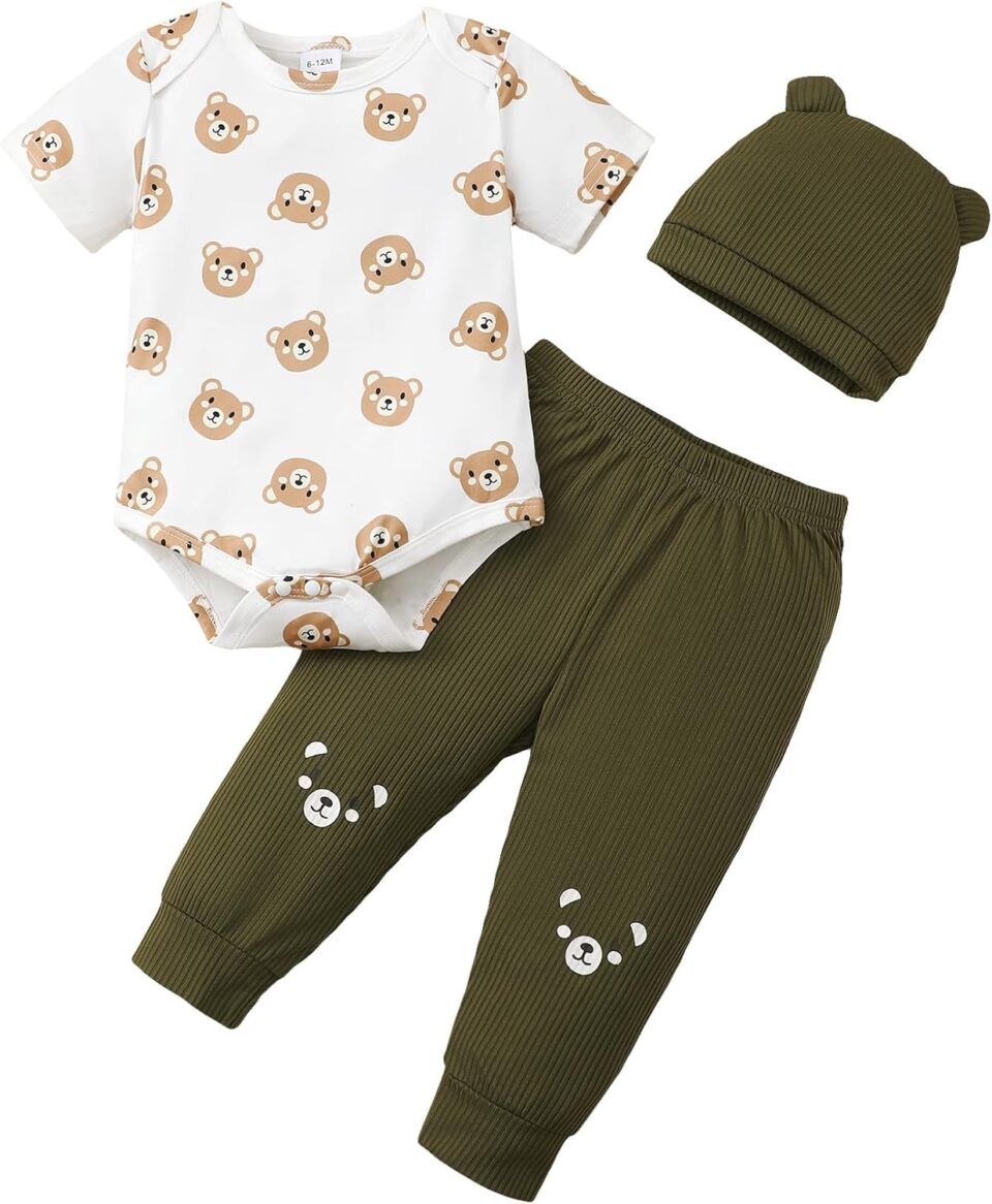 SUNNY PIGGY Baby Boy Clothes Newborn Boy Outfit Infant Romper Spring Summer Long Pants Set Hat 3PC