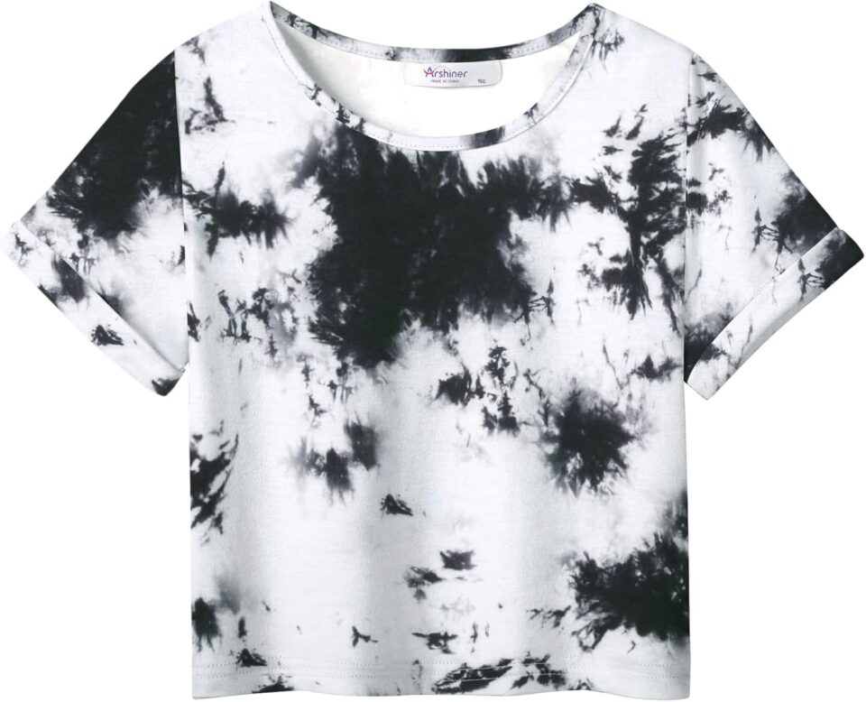 Arshiner Girls Crop Tops Short Sleeve Tie Dye Summer T Shirt Crewneck Rolled Cuffs Fashion Shirts Tee