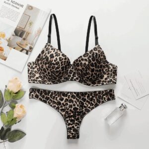 Women's Leopard Print Lingerie Set, Push-Up Bra and Thong Underwear, Black and Beige