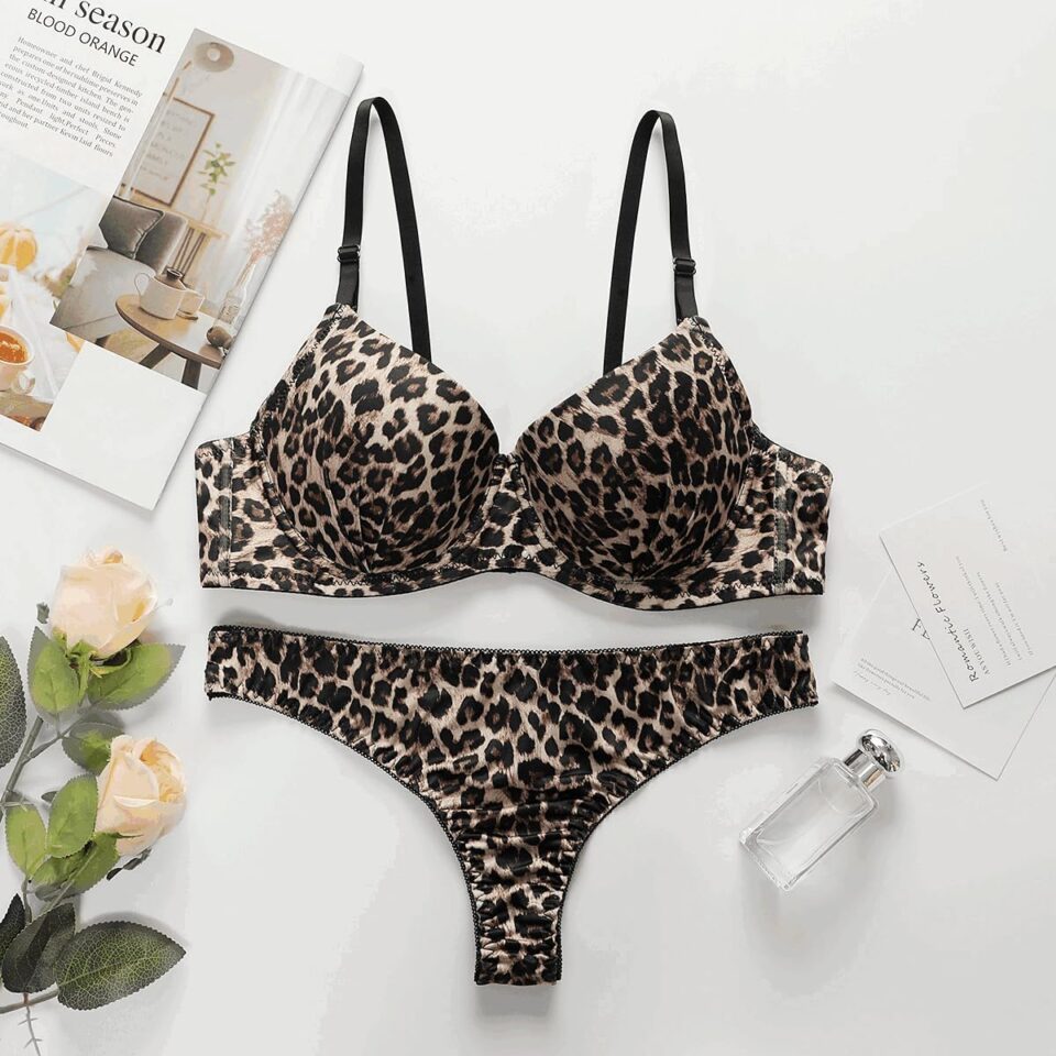 Women's Leopard Print Lingerie Set, Push-Up Bra and Thong Underwear, Black and Beige
