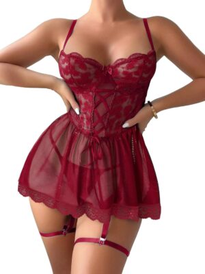 Lilosy Sexy Garter Belt Mesh Lace Babydoll Lingerie Dress Set with Thong