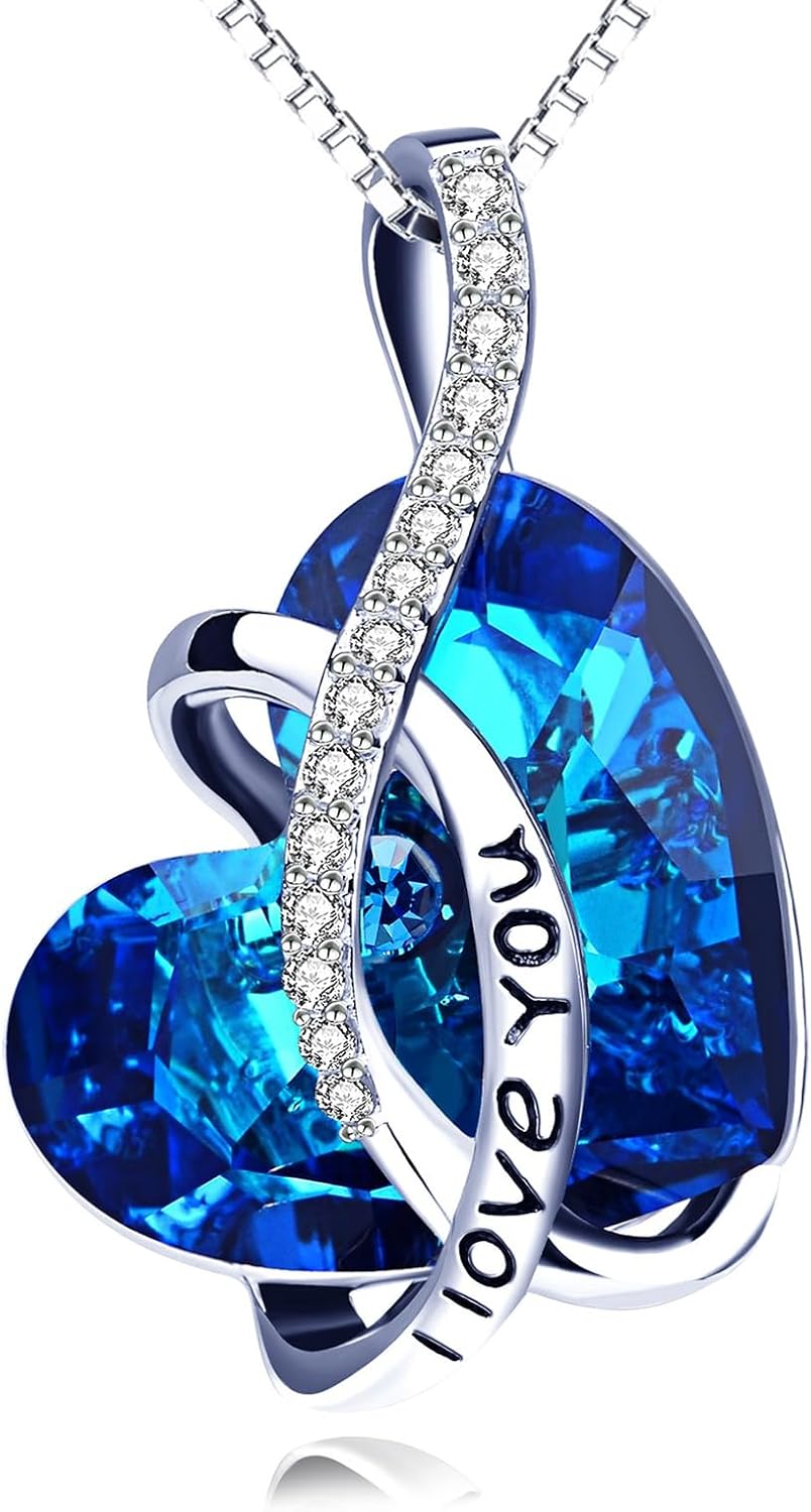 AOBOCO I Love You Sterling Silver 12 Birthstone Heart Pendant Necklace Embellished with Crystals from Austria, Mother's Day Anniversary Birthday Jewelry Christmas Gifts for Women Grandma Nana
