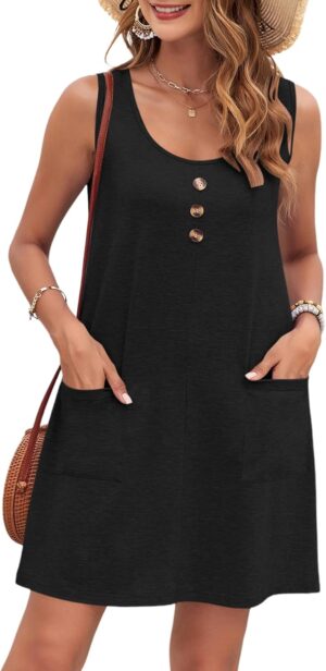 WNEEDU Women's Summer Dresses 2025 Beach Casual Sleeveless Dress Loose Tank Sundress with Pocket