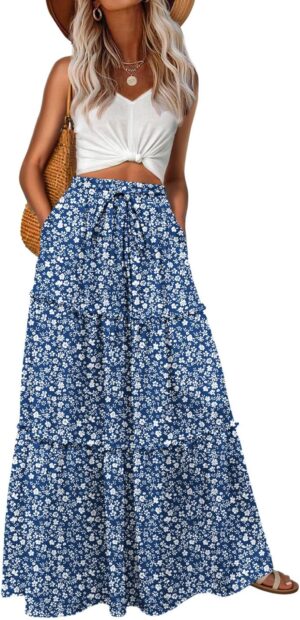 Lepunuo Womens Casual Boho High Waisted Flowy Maxi Skirts Trendy Floral Cute Long Skirts with Pockets